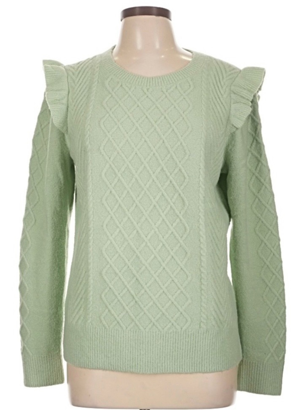 Talbots Sage Green Ruffled-Shoulder Cable Knit Crew Sweater